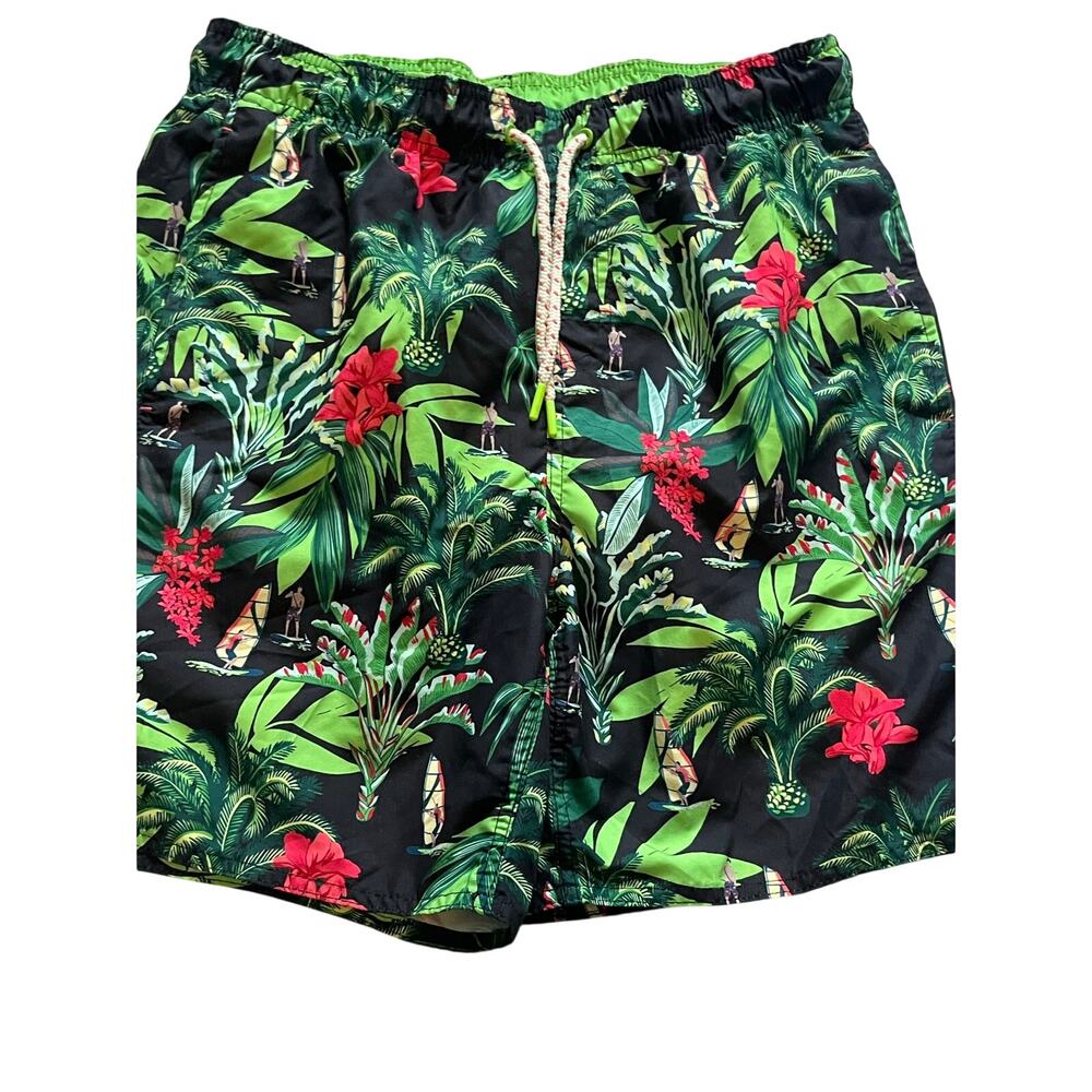 Hawaiian Authentics Men's Swim Trunks Size Medium Tropical Palm Hibiscus Black M